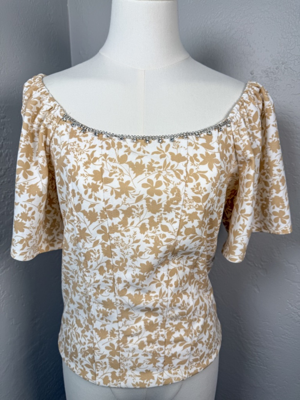 Willow + Root Floral Top Rhinestone Trim Puff Sleeve Cottagecore Blouse Size S